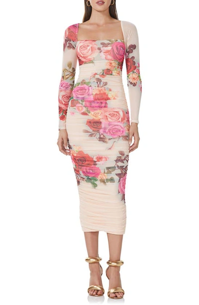 Shop Afrm Maggie Ruched Long Sleeve Body-con Midi Dress In Beige Rose Swirl