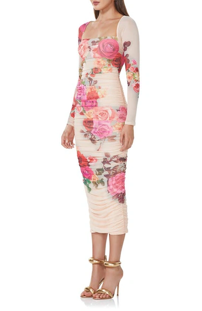 Shop Afrm Maggie Ruched Long Sleeve Body-con Midi Dress In Beige Rose Swirl