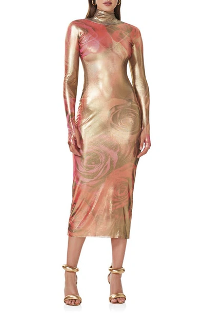 Shop Afrm Shailene Foil Long Sleeve Dress In Golden Nude Rose