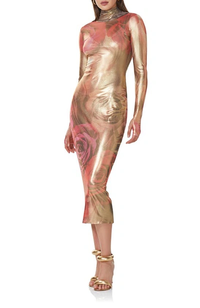 Shop Afrm Shailene Foil Long Sleeve Dress In Golden Nude Rose