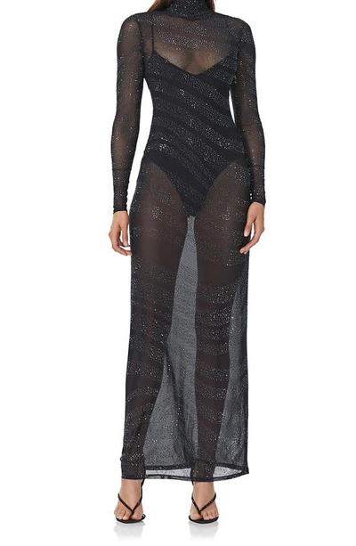 Shop Afrm Rowan Sequin Stripe Long Sleeve Mesh Maxi Dress In Hematite Noir
