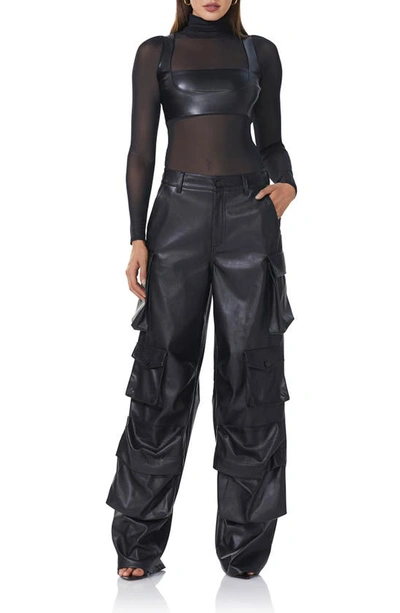 Shop Afrm Keller Faux Leather Mesh Turtleneck Bodysuit In Noir