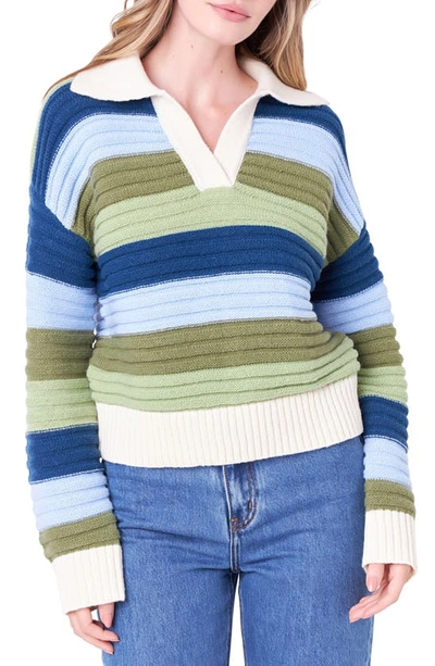 Shop English Factory Rainbow Stripe Polo Sweater In Green Multi