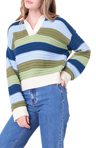 Shop English Factory Rainbow Stripe Polo Sweater In Green Multi