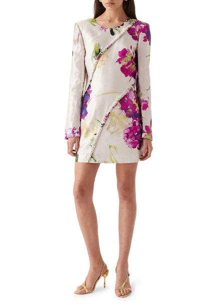 Shop Aje Arbour Floral Whipstitch Long Sleeve Linen Blend Minidress In Wild Hydrangea