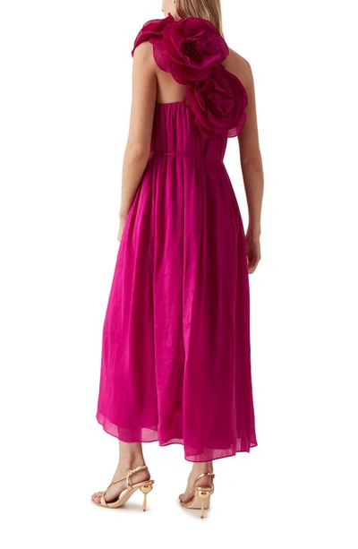 Shop Aje Quinntessa Floral Appliqué Linen & Silk Dress In Deep Magenta