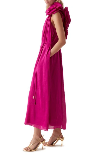 Shop Aje Quinntessa Floral Appliqué Linen & Silk Dress In Deep Magenta
