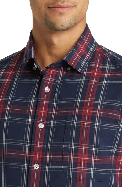 Shop Mizzen + Main City Trim Fit Plaid Stretch Flannel Button-down Shirt In Navy Tartan