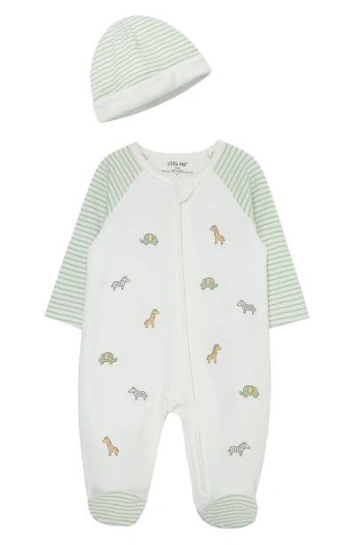 Shop Little Me Safari Embroidered Cotton Footie & Hat Set In Ivory