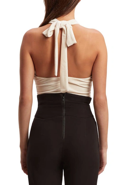 Shop Bardot Inara Rosette Crossover Stretch Velvet Halter Bodysuit In Ivory
