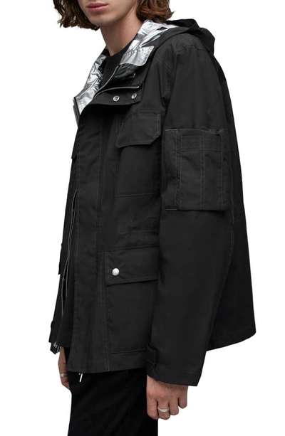Shop Allsaints Tycho Water Repellent Hooded Utility Jacket In Black/ Silver