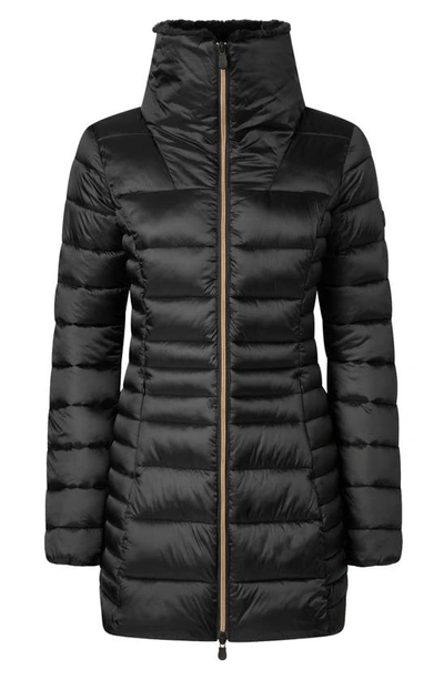Shop Save The Duck Caroline Faux Fur Collar Longline Puffer Jacket In Black
