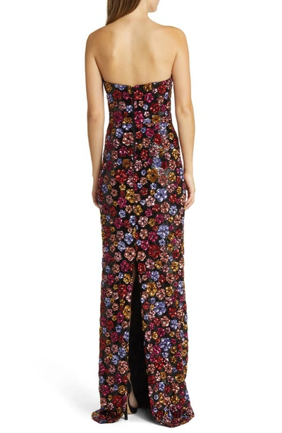 Marchesa Notte Strapless Plunging Floral Sequin Column Gown In Black Multi