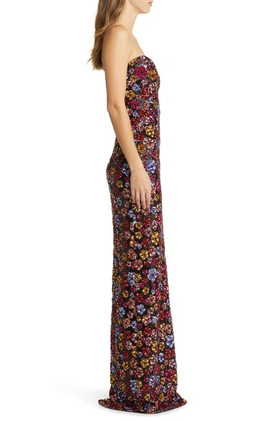 Marchesa Notte Strapless Plunging Floral Sequin Column Gown In Black Multi