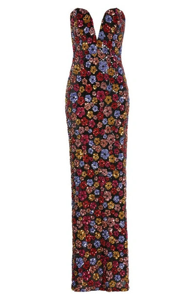 Marchesa Notte Strapless Plunging Floral Sequin Column Gown In Black Multi