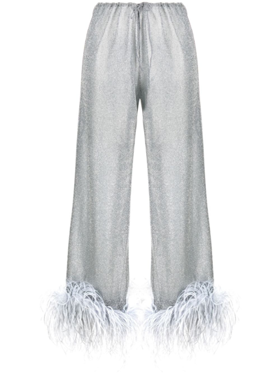 Shop Oseree Grey Lumière Plumage Feather-trim Trousers