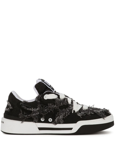 Shop Dolce & Gabbana And White New Roma Frayed Sneakers - Men's - Cotton/polyester/goat Skin/rubberpolyesterrubber In Black