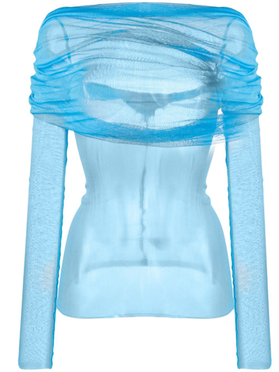 Shop Christopher Esber Blue Veiled Off-shoulder Silk Top