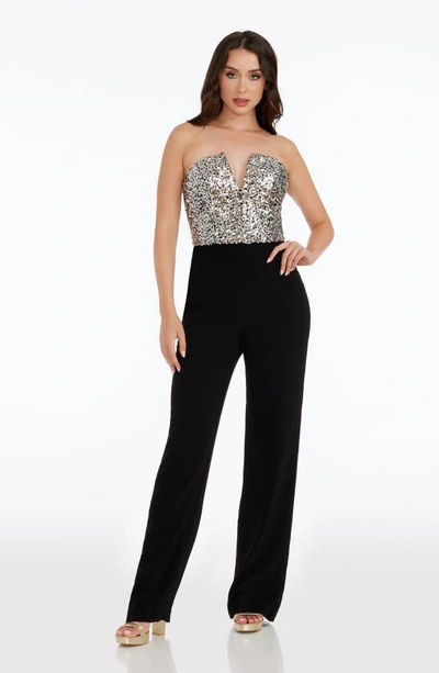 Dress The Population Fernanda Sequin Bodice Strapless Jumpsuit In Silverlack