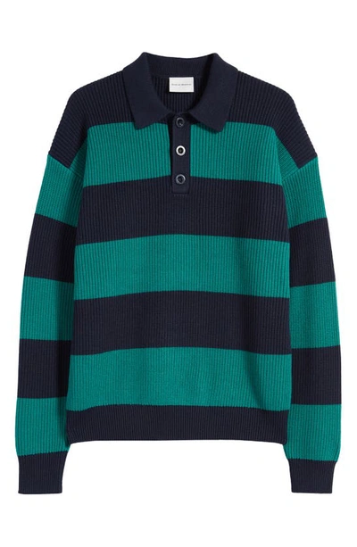 Shop Drôle De Monsieur Stripe Long Sleeve Merino Wool & Cotton Polo Sweater In Navy