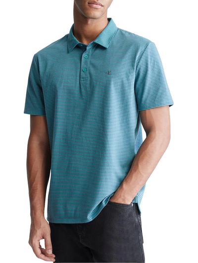Shop Calvin Klein Mens Striped Collar Polo In Blue