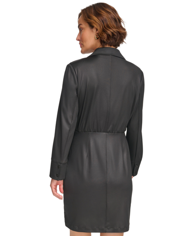 Shop Dkny Women's Collared Long-sleeve Surplice Dress In Black