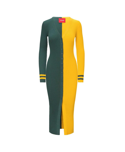 Shop Staud Women's  Green, Gold Green Bay Packers Shoko Knit Button-up Sweater Dress In Green,gold