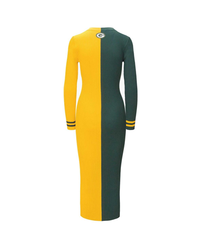 Shop Staud Women's  Green, Gold Green Bay Packers Shoko Knit Button-up Sweater Dress In Green,gold