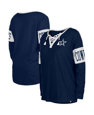 New Era Navy Dallas Cowboys Lace-up Notch Neck Long Sleeve T-shirt In Navy