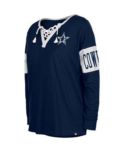 New Era Navy Dallas Cowboys Lace-up Notch Neck Long Sleeve T-shirt In Navy