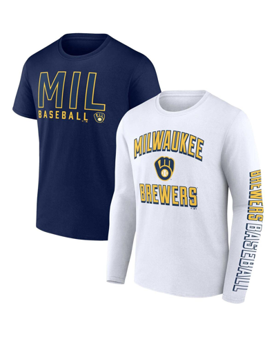 Shop Fanatics Men's  Navy, White Milwaukee Brewers Two-pack Combo T-shirt Set In Navy,white