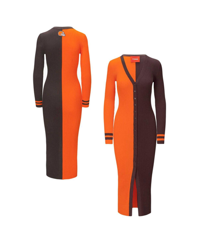 Shop Staud Women's  Orange, Brown Cleveland Browns Shoko Knit Button-up Sweater Dress In Orange,brown