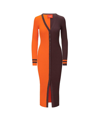 Shop Staud Women's  Orange, Brown Cleveland Browns Shoko Knit Button-up Sweater Dress In Orange,brown