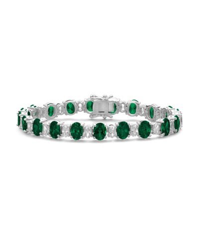 Shop Genevive Sterling Silver White Gold Plated With Oval Cubic Zirconia Tennis Bracelet In Green