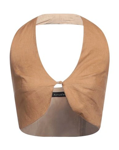 Shop Actualee Woman Top Camel Size 12 Linen In Beige