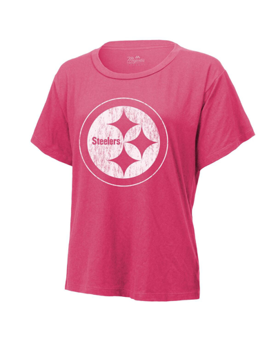 Majestic Women's  Threads T.j. Watt Pink Distressed Pittsburgh Steelers Name And Number T-shirt In Pink