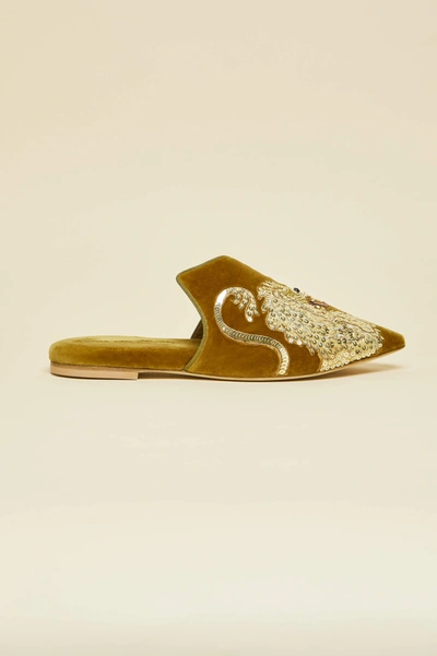 Shop Olivia Von Halle Contessa August Gold Embellished Slippers In Silk Velvet