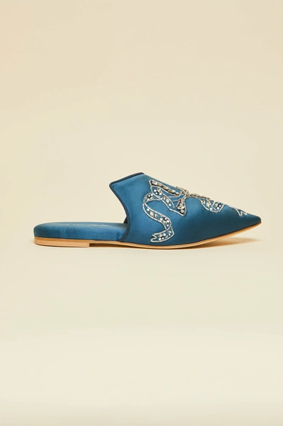 Shop Olivia Von Halle Contessa Grace Blue Embellished Slippers In Silk Satin