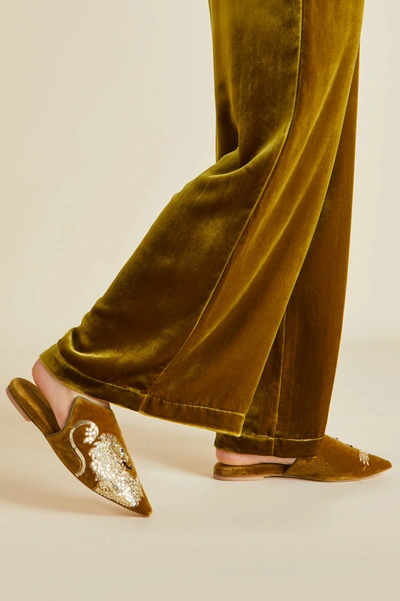 Shop Olivia Von Halle Contessa August Gold Embellished Silk Velvet Slippers
