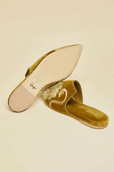 Shop Olivia Von Halle Contessa August Gold Embellished Slippers In Silk Velvet
