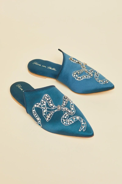 Shop Olivia Von Halle Contessa Grace Blue Embellished Slippers In Silk Satin