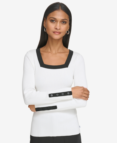 Shop Karl Lagerfeld Women's Square-neck Contrast-trim Sweater In Soft White,black
