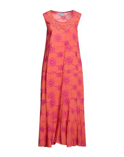 Shop Iconique Woman Midi Dress Coral Size L Cotton In Red