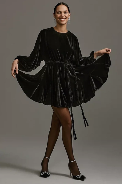 Shop Rhode Ella Long-sleeve Velvet Mini Dress In Black