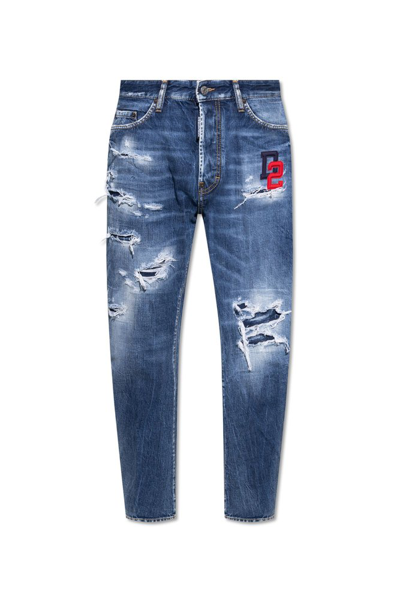 Shop Dsquared2 Logo Patch Distressed Jeans In Blue