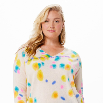 Shop Minnie Rose Plus Size Frayed Printed Tie Dye V-neck Sweater In White