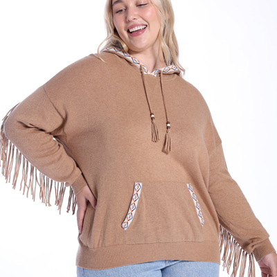 Shop Minnie Rose Plus Size Cotton Cashmere Embroidered Fringe Hoodie In Brown