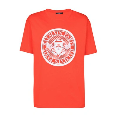 Shop Balmain Cotton T-shirt With Flocked  Medallion In Red