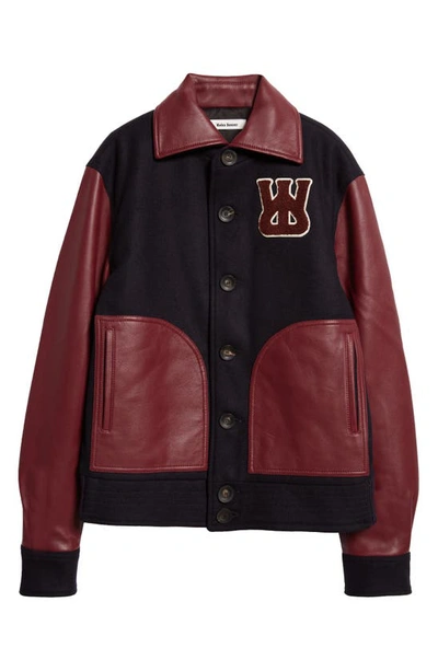 Shop Wales Bonner Harlem Logo Patch Wool & Leather Varsity Jacket In Navy And Red