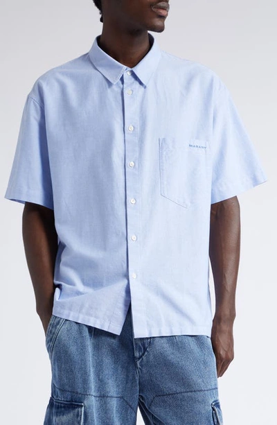 Shop Isabel Marant Iggy Oversize Short Sleeve Button-up Shirt In Faded Blue